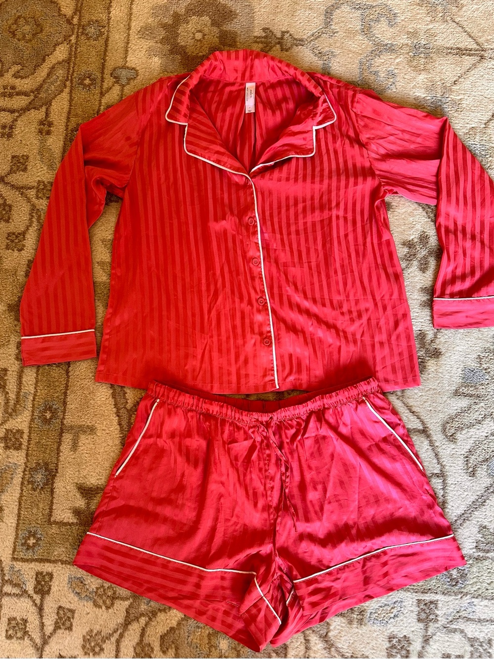 Auden Coral/Red Stripe Pajama Set Button Up Top & Shorts Size Large